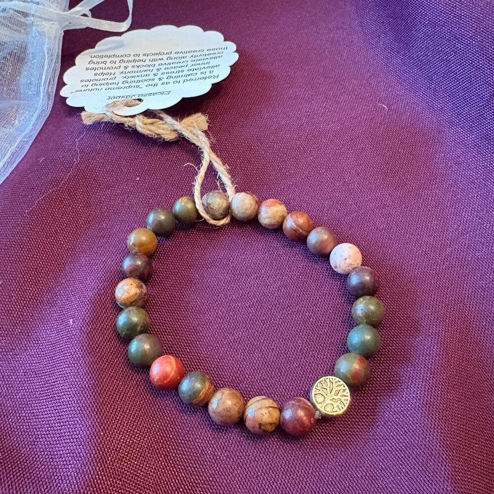Handmade Picasso Jasper Stretch Bracelet with Tree Charm | NWT